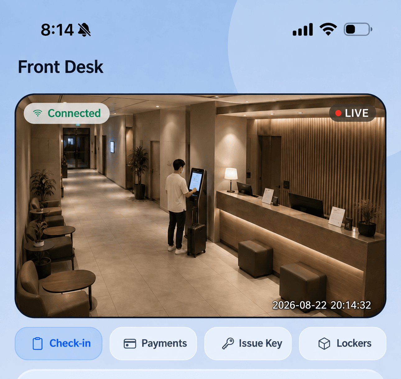 English manager app preview with live lobby view and Check-in, Payments, Issue Key and Lockers controls
