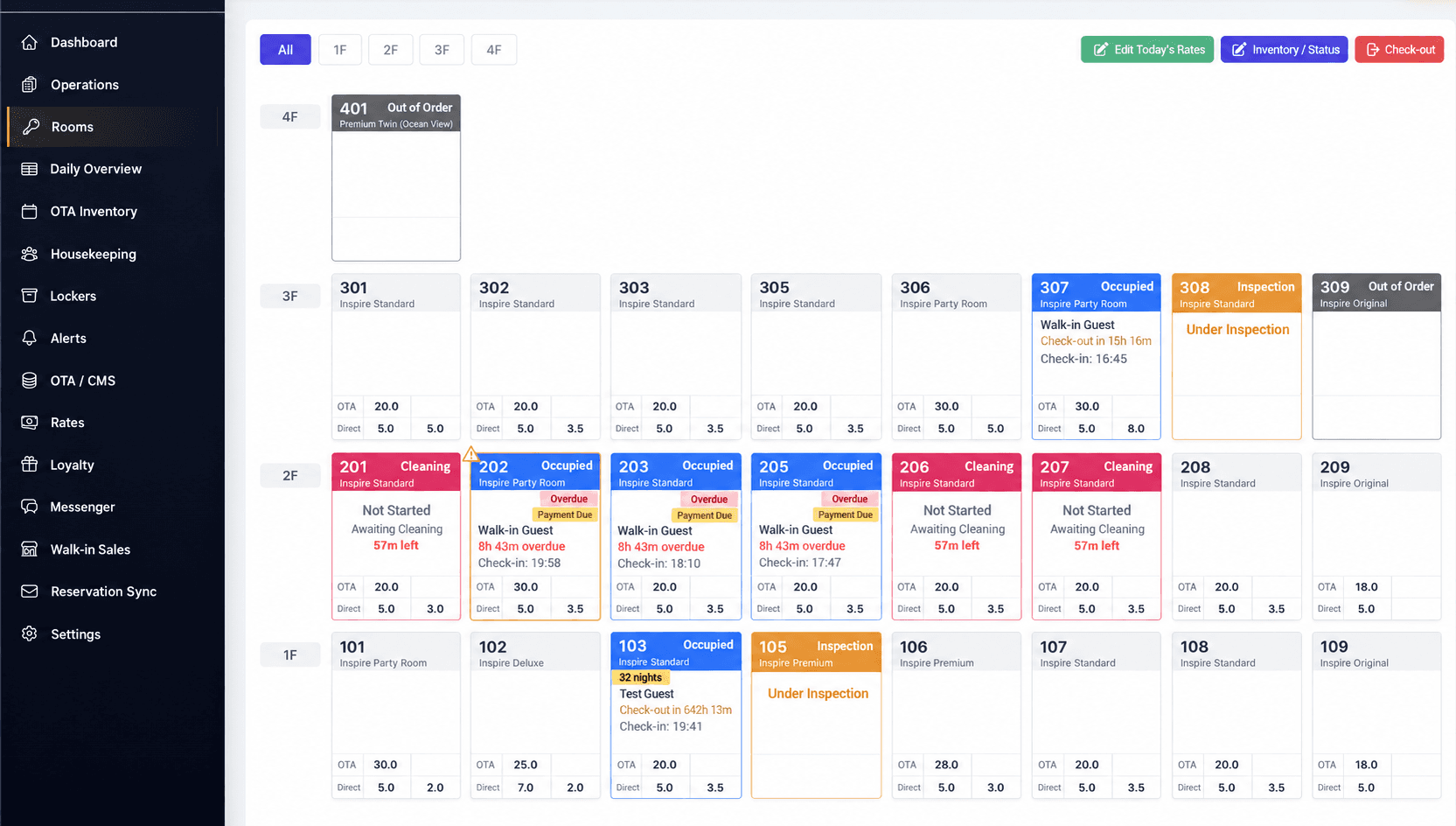 English PMS interface preview showing room occupancy, housekeeping and inspection status