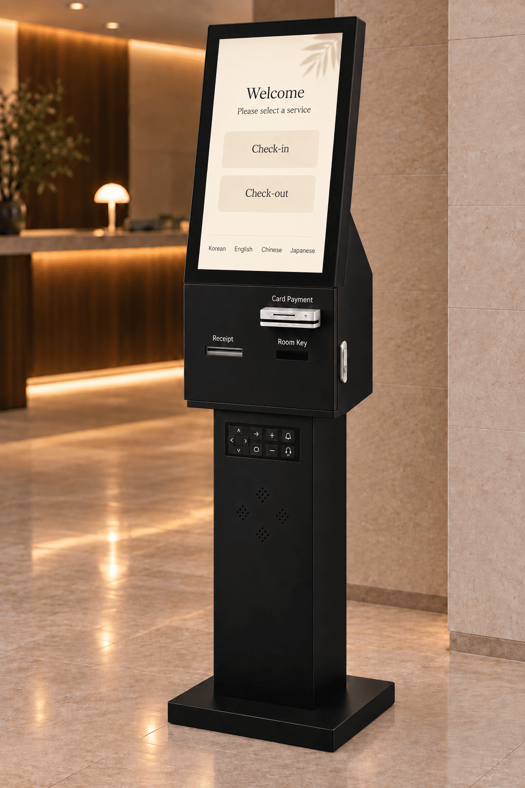 Black freestanding hotel kiosk with a large screen, payment and room-key modules, and a lower physical keypad